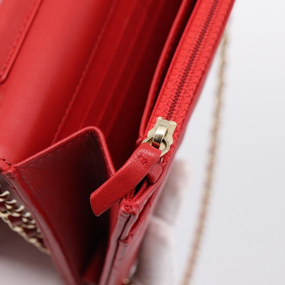 CHANEL Matelasse Chain Wallet Double Piece Lamb Skin Red Gold CC Auth 196801SAM