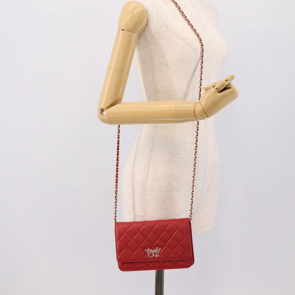CHANEL Matelasse Chain Wallet Double Piece Lamb Skin Red Gold CC Auth 196801SAM