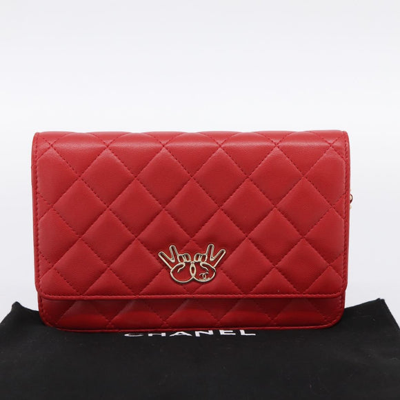 CHANEL Matelasse Chain Wallet Double Piece Lamb Skin Red Gold CC Auth 196801SAM