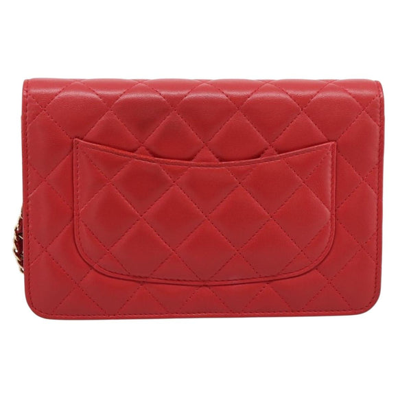 CHANEL Matelasse Chain Wallet Double Piece Lamb Skin Red Gold CC Auth 196801SAM