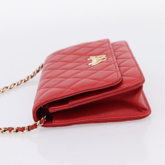 CHANEL Matelasse Chain Wallet Double Piece Lamb Skin Red Gold CC Auth 196801SAM