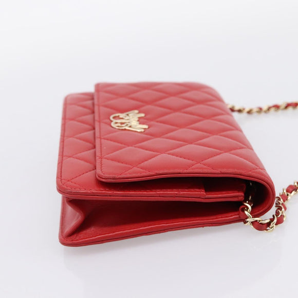 CHANEL Matelasse Chain Wallet Double Piece Lamb Skin Red Gold CC Auth 196801SAM