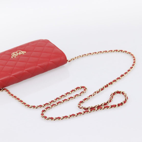 CHANEL Matelasse Chain Wallet Double Piece Lamb Skin Red Gold CC Auth 196801SAM