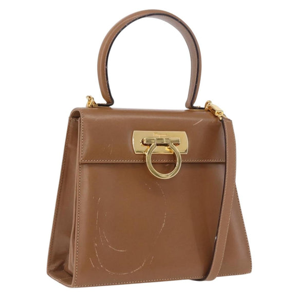 Salvatore Ferragamo Gancini Hand Bag Leather 2way Brown Gold Auth 196812