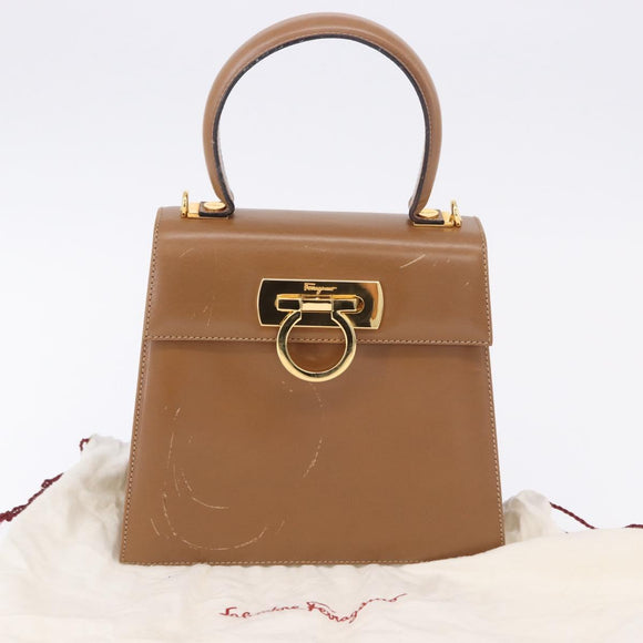 Salvatore Ferragamo Gancini Hand Bag Leather 2way Brown Gold Auth 196812