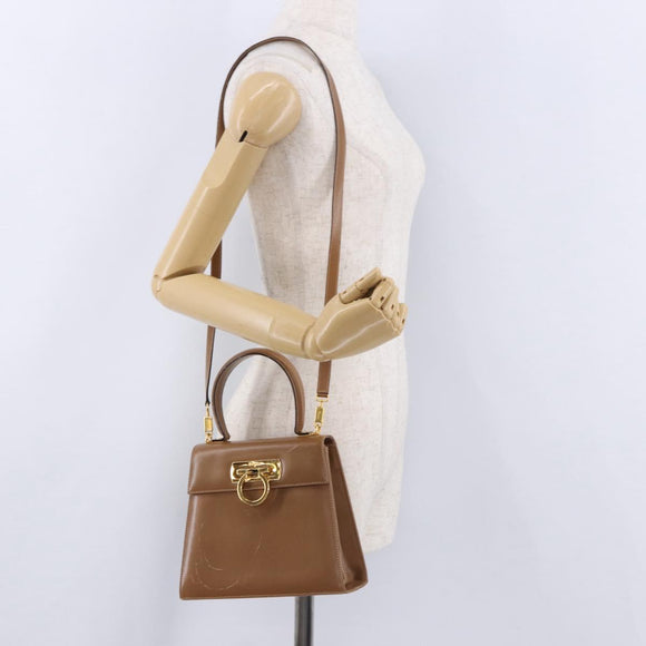 Salvatore Ferragamo Gancini Hand Bag Leather 2way Brown Gold Auth 196812