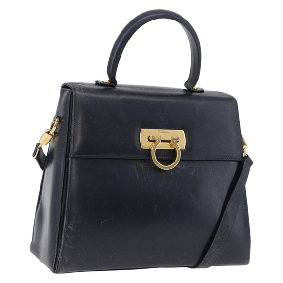 Salvatore Ferragamo Gancini Hand Bag Leather 2way Navy Gold Auth 196816