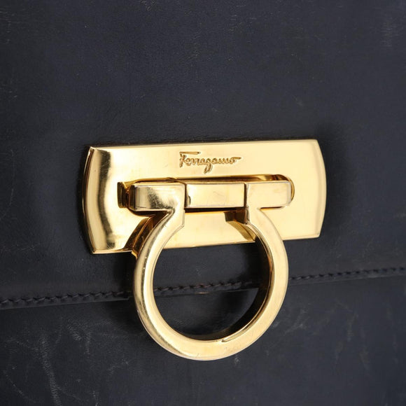 Salvatore Ferragamo Gancini Hand Bag Leather 2way Navy Gold Auth 196816