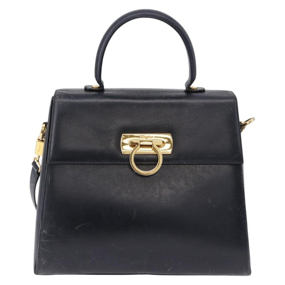 Salvatore Ferragamo Gancini Hand Bag Leather 2way Navy Gold Auth 196816