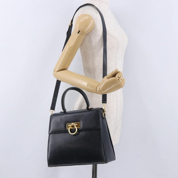 Salvatore Ferragamo Gancini Hand Bag Leather 2way Navy Gold Auth 196816