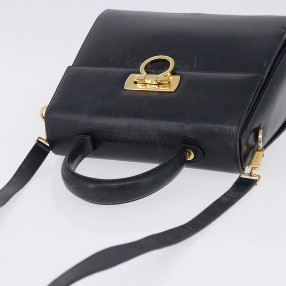 Salvatore Ferragamo Gancini Hand Bag Leather 2way Navy Gold Auth 196816