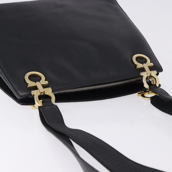 Salvatore Ferragamo Gancini Shoulder Bag Leather Black Gold Auth 196817