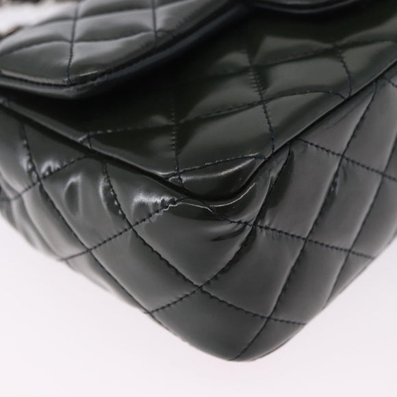 CHANEL COCO Mark Turn Lock Chain Bag Patent leather Khaki Silver CC Auth 196818M