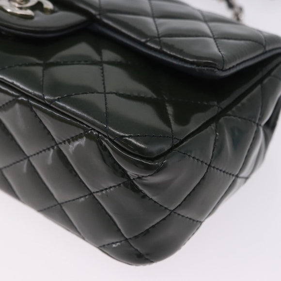 CHANEL COCO Mark Turn Lock Chain Bag Patent leather Khaki Silver CC Auth 196818M