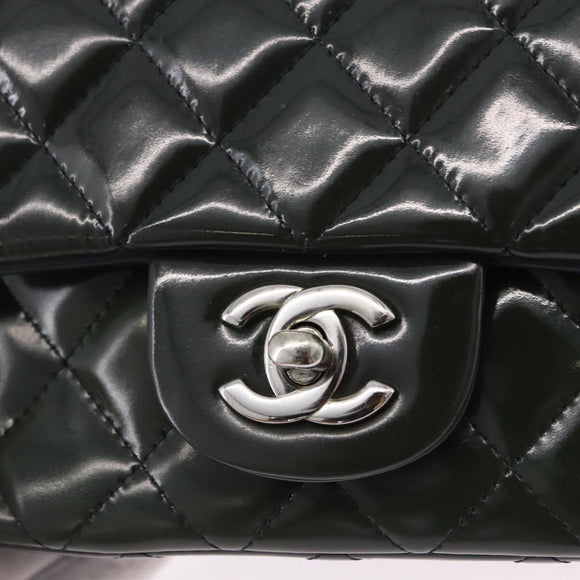 CHANEL COCO Mark Turn Lock Chain Bag Patent leather Khaki Silver CC Auth 196818M