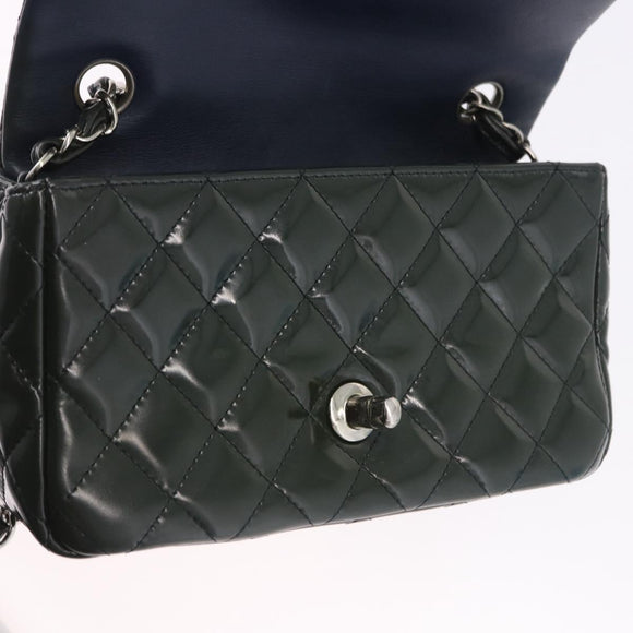 CHANEL COCO Mark Turn Lock Chain Bag Patent leather Khaki Silver CC Auth 196818M