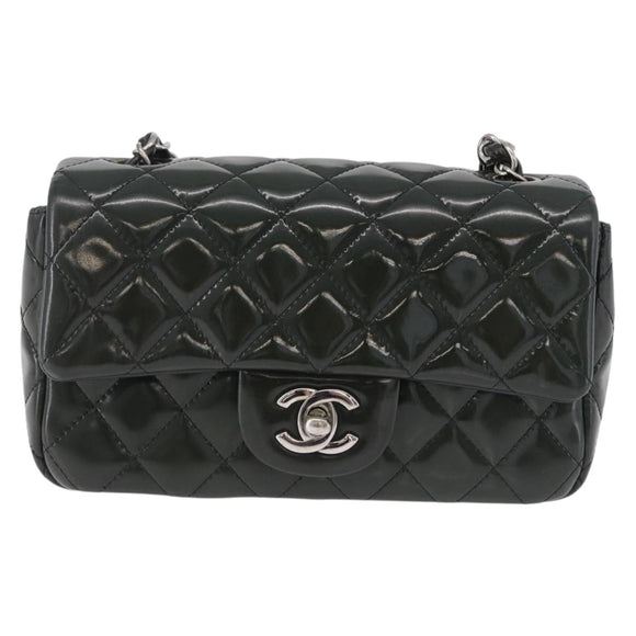 CHANEL COCO Mark Turn Lock Chain Bag Patent leather Khaki Silver CC Auth 196818M