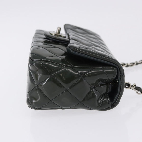 CHANEL COCO Mark Turn Lock Chain Bag Patent leather Khaki Silver CC Auth 196818M