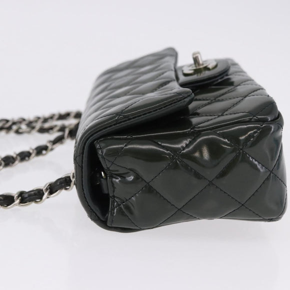 CHANEL COCO Mark Turn Lock Chain Bag Patent leather Khaki Silver CC Auth 196818M