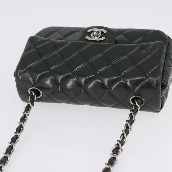 CHANEL COCO Mark Turn Lock Chain Bag Patent leather Khaki Silver CC Auth 196818M