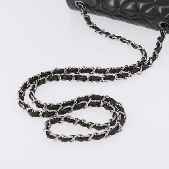 CHANEL COCO Mark Turn Lock Chain Bag Patent leather Khaki Silver CC Auth 196818M