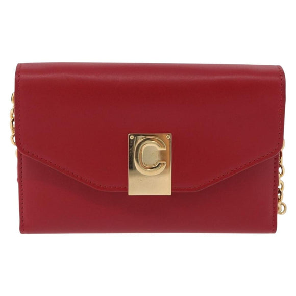 CELINE Chain Wallet Leather Red Gold Auth 196822M