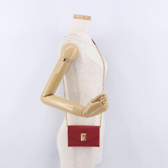 CELINE Chain Wallet Leather Red Gold Auth 196822M