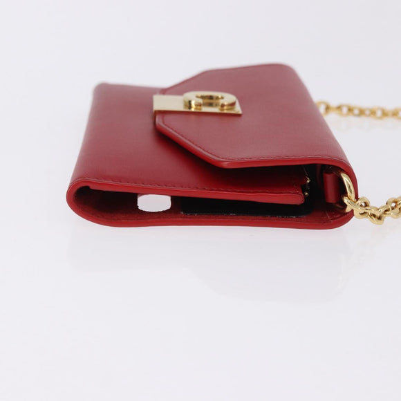 CELINE Chain Wallet Leather Red Gold Auth 196822M