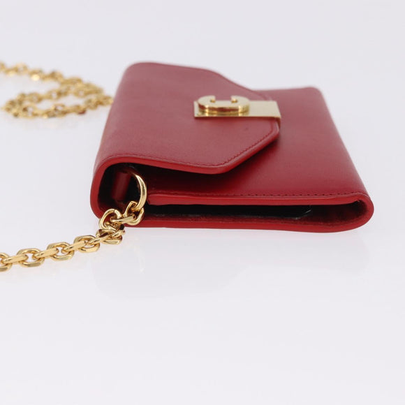 CELINE Chain Wallet Leather Red Gold Auth 196822M