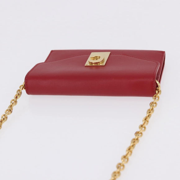 CELINE Chain Wallet Leather Red Gold Auth 196822M