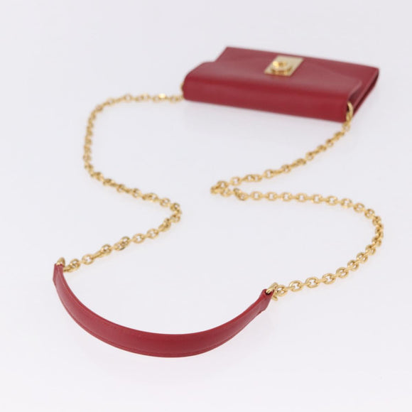 CELINE Chain Wallet Leather Red Gold Auth 196822M