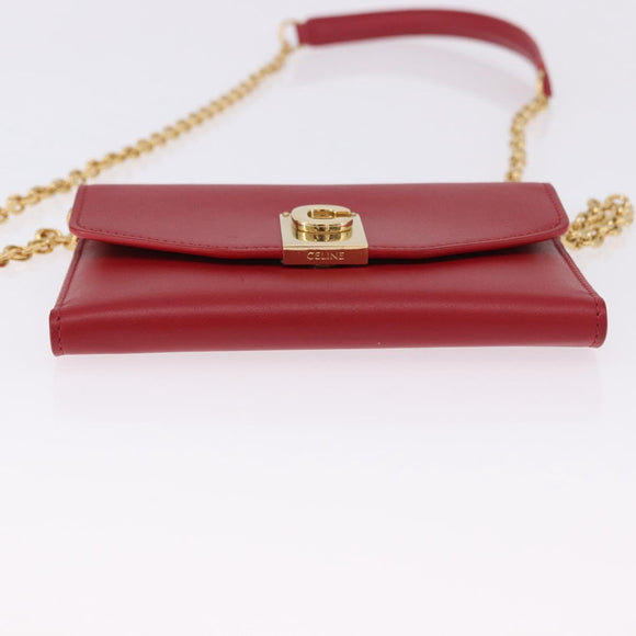 CELINE Chain Wallet Leather Red Gold Auth 196822M