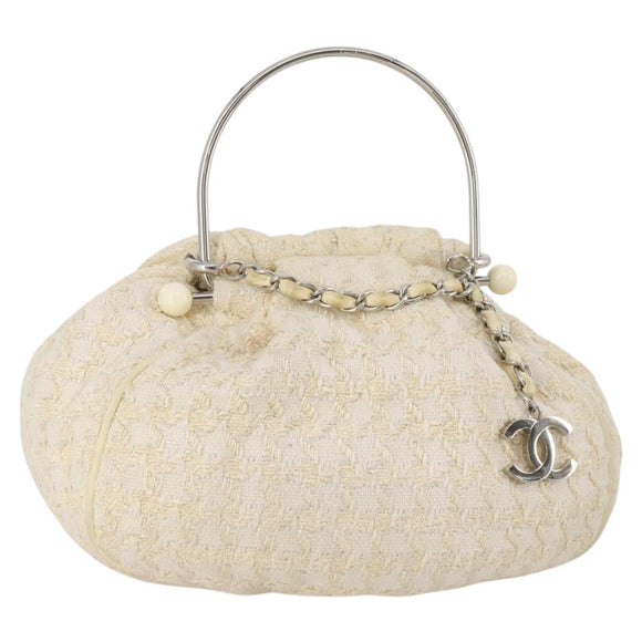 CHANEL Hand Bag Tweed White Silver CC Auth 196872