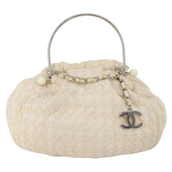 CHANEL Hand Bag Tweed White Silver CC Auth 196872