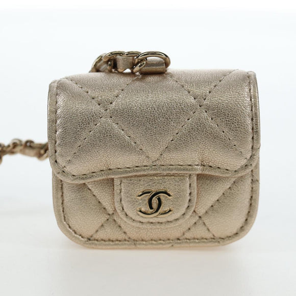 CHANEL Matelasse AirPods Case & Coin Purse Lamb Skin Gold CC Auth 196880M