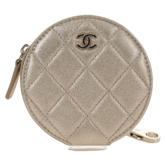 CHANEL Matelasse AirPods Case & Coin Purse Lamb Skin Gold CC Auth 196880M