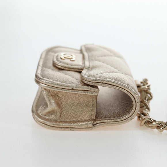 CHANEL Matelasse AirPods Case & Coin Purse Lamb Skin Gold CC Auth 196880M