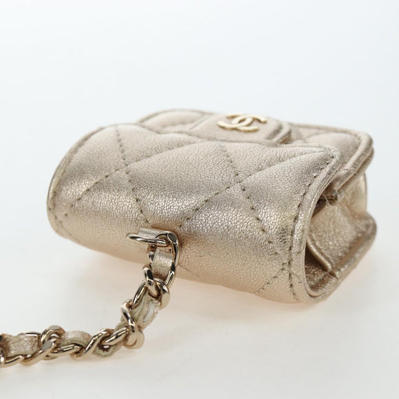 CHANEL Matelasse AirPods Case & Coin Purse Lamb Skin Gold CC Auth 196880M