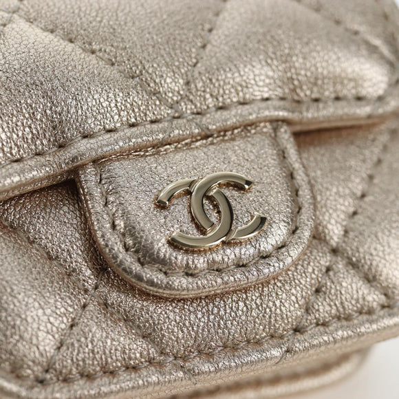CHANEL Matelasse AirPods Case & Coin Purse Lamb Skin Gold CC Auth 196880M