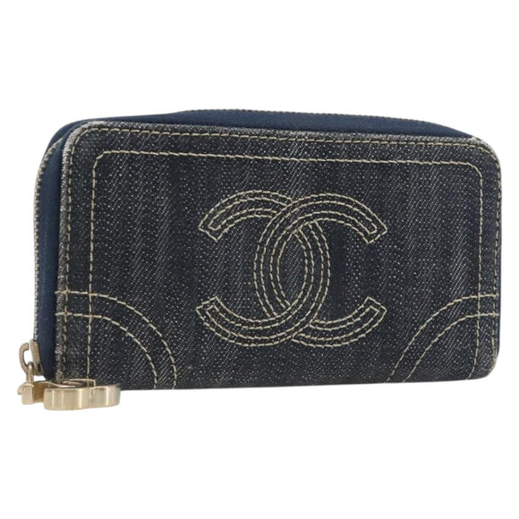 CHANEL COCO Mark Coin Purse Denim Blue Gold CC Auth 196884A