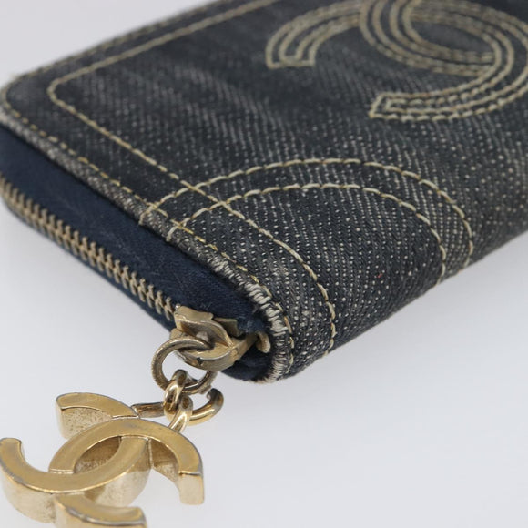 CHANEL COCO Mark Coin Purse Denim Blue Gold CC Auth 196884A