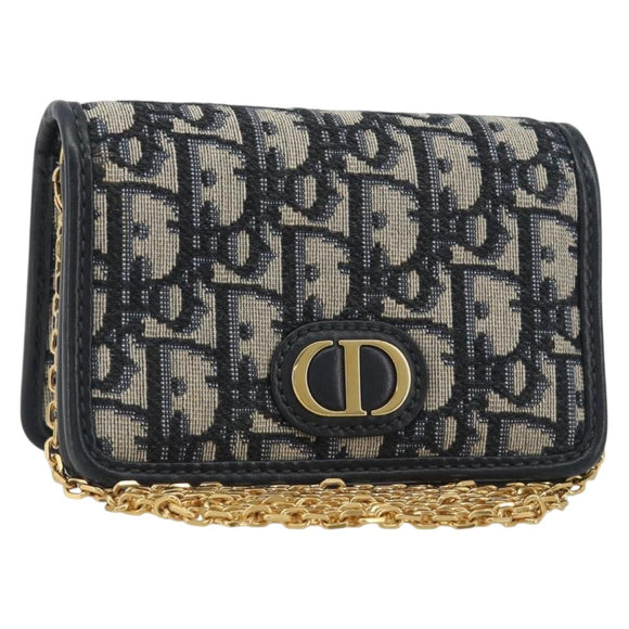 Christian Dior Trotter Canvas Chain Shoulder Bag Navy Gold Auth 196933M