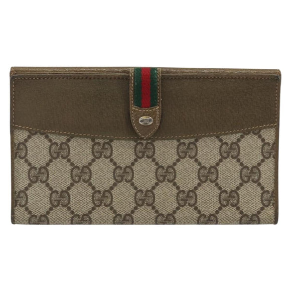 GUCCI GG Supreme Web Sherry Line Long Wallet PVC Beige Gold Auth 196939
