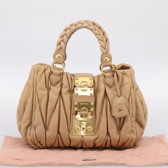 Miu Miu Matelasse Hand Bag Leather 2way Beige Gold Auth 196973V