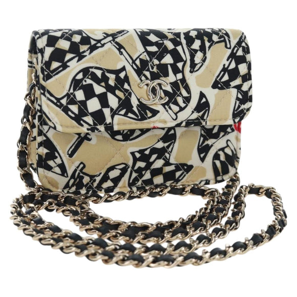 CHANEL Mini Matelasse Chain Shoulder Pouch Satin Beige Silver CC Auth 196975M