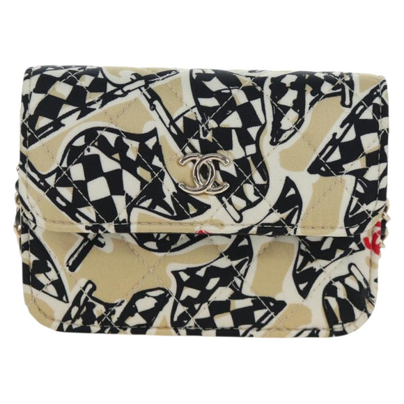 CHANEL Mini Matelasse Chain Shoulder Pouch Satin Beige Silver CC Auth 196975M