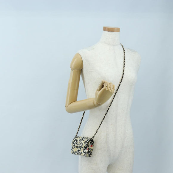 CHANEL Mini Matelasse Chain Shoulder Pouch Satin Beige Silver CC Auth 196975M
