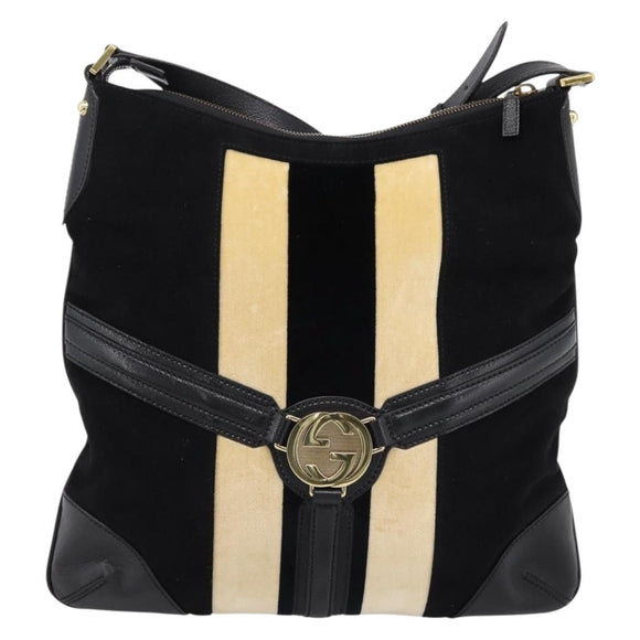 GUCCI Interlocking G Shoulder Bag Velor Black Gold 115568 Auth 196980V
