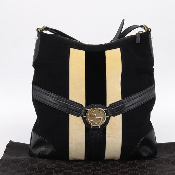 GUCCI Interlocking G Shoulder Bag Velor Black Gold 115568 Auth 196980V