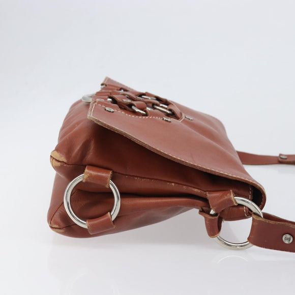 CELINE Shoulder Bag Leather Brown Silver Auth 196983
